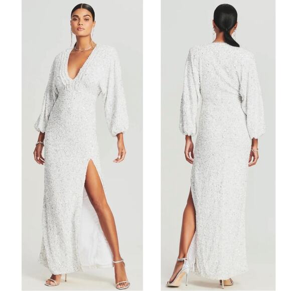 RETROFETE Camille Sequin Embellished Long Sleeve Deep V Maxi Dress Size Small - Picture 2 of 14